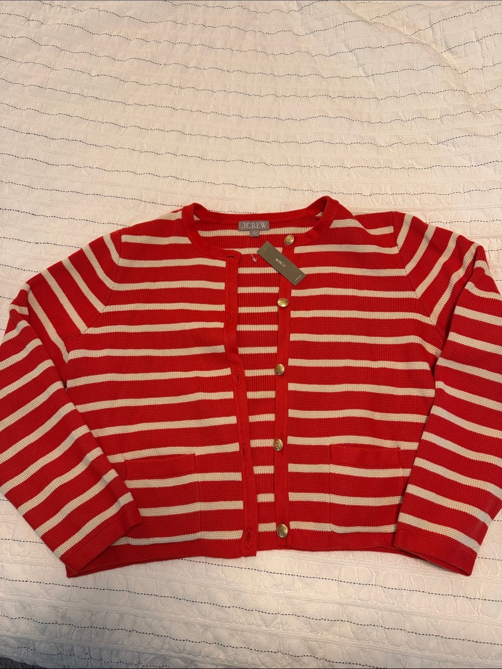 J. Crew Red and Cream Striped Button-Front Cardigan